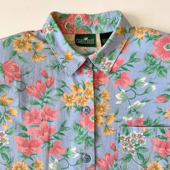 Vintage Cabin Creek Floral Collar Button Up Short Sleeve Shirt Prep Coastal Boho - Picture 5 of 15